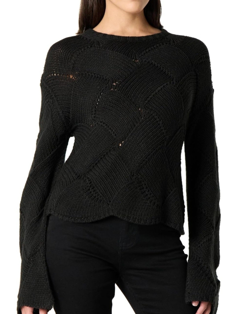 Women's Black Open-Knit Crewneck Sweater